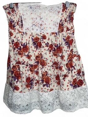 Decree Floral Smocked Babydoll Top Size M Lace Trim Boho CottageCore Y2K CUTE!!
